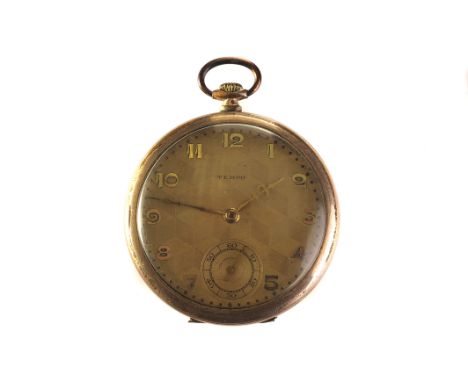 An Art Deco rolled gold open faced pocket watch, the gilt chequered dial with applied gilt Arabic numerals, gilt Simple Roman