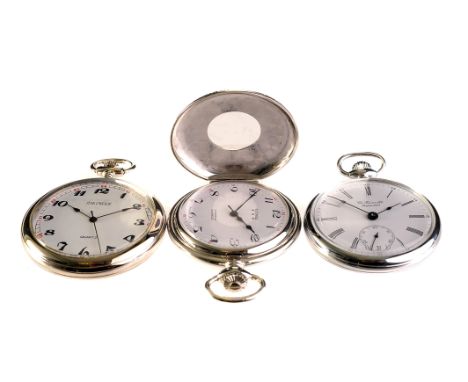 A Tissot white alloy pocket watch, the signed white dial with outer 24 hour track, black Roman numerals, black spade hands, a