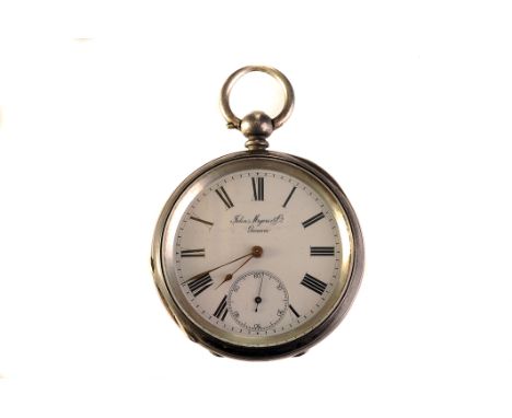 A late 19th century Swiss silver open faced pocket watch, the white enamel dial signed John Myers & Co, Geneva, with black Ro