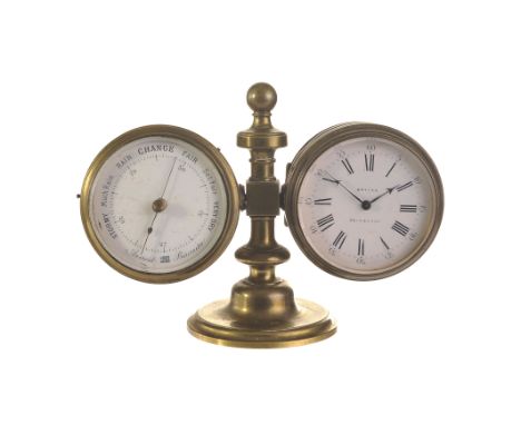 A 19th century brass desk time and weather piece from Bryson of Edinburgh, having a clock to one side and barometer and therm