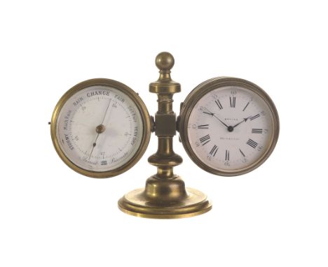 A 19th century brass desk time and weather piece from Bryson of Edinburgh, having a clock to one side and barometer and therm