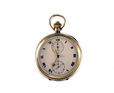 A rare Omega silver open faced chronograph pocket watch, the three piece case with white enamel dial with outer 1/5 seconds t