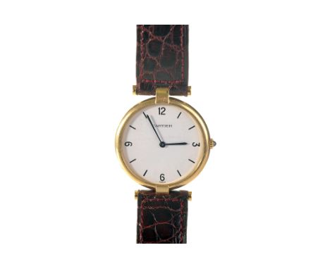 An 18ct gold Cartier Vendome quartz wristwatch, with white dial having baton and Arabic numerals, cabuchon sapphire to crown,