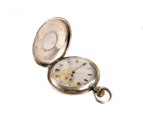 A George V silver half hunter pocket watch, the white enamel dial with black Roman numerals, spade hands and subsidiary secon