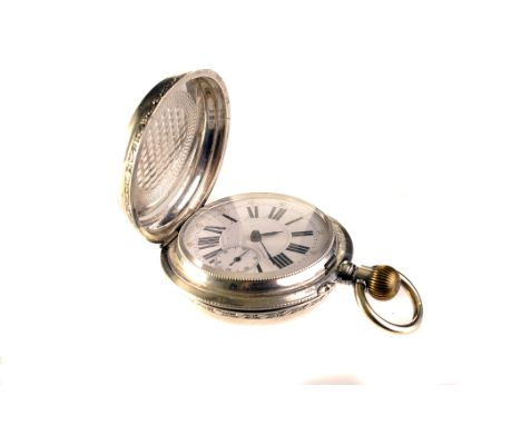 A Swiss silver coloured pocket watch, the white enamel dial with black Roman numerals, outer seconds dial, blued steel hands,