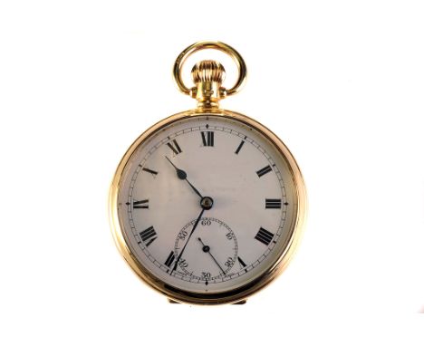 A 1920s 9ct gold open faced pocket watch, the white enamel dial with black Roman numerals, blued steel spade hands and subsid