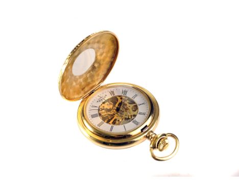 A Rotary gold plated half hunter skeleton pocket watch, the white enamel chapter ring with black Roman numerals, Breguet hand