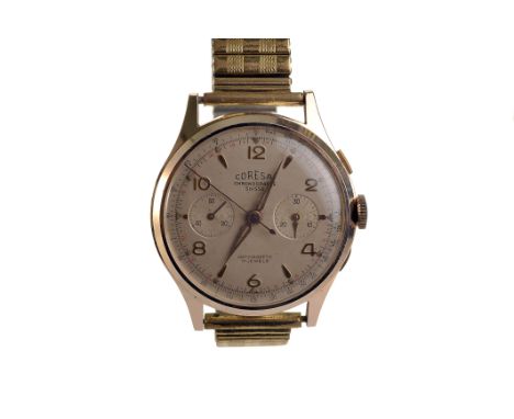 A 1940s gentleman’s gold plated chronograph wristwatch, the silvered dial signed ‘Coresa’, with outer tachymeter and telemete