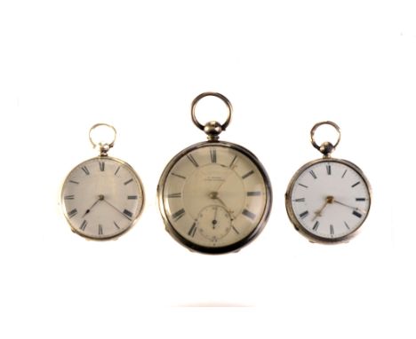 Three 19th century silver open faced pocket watches, each with white enamel dial and black Roman numerals, the first and seco