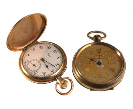 A Limit gold plated full hunter pocket watch, the white enamel dial with black Arabic numerals and spade hands, subsidiary se