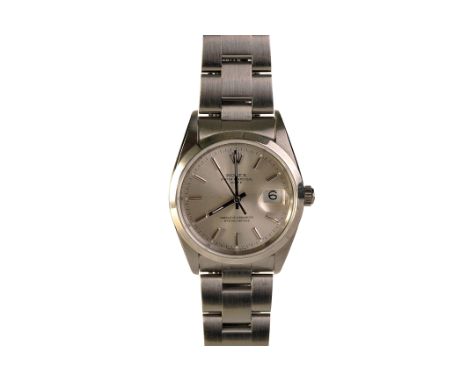 A Rolex Oyster Perpetual Date gentleman’s stainless steel wristwatch, ref. 15200 no. N180627, circa 1991, the silver dial wit