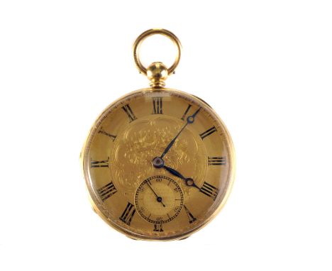 An early Victorian 18ct gold open faced pocket watch, the gilt dial foilate engraved to the centre, black Roman numerals, Bre