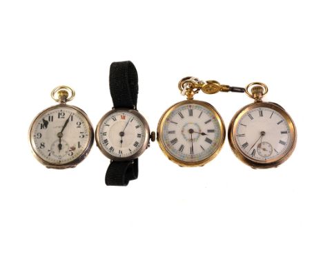 A late 19th century 18ct gold Swiss open faced fob watch, with decorated white enamel dial, black Roman numerals, and spade h