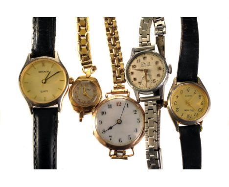 A early 20th century 9ct gold wristwatch, white enamel dial, black Arabic numerals (red 12), and 15 jewel lever movement, hal