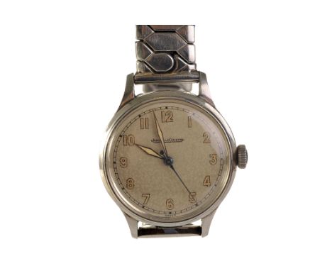 A late 1940s Jaeger LeCoultre stainless steel gentleman’s wristwatch, no. 350664, the signed silvered dial with luminous Arab