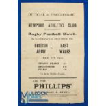 1943 East Wales v the Army Rugby Programme: Scarce flimsy issue from Newport for this charity clash,