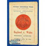 1944 England v Wales Rugby Programme: Played at Gloucester, 04/45, last of the wartime encounters,