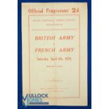 1929 British Army v French Army Rugby Programme: Browning a tad and one fold, Twickers issue for