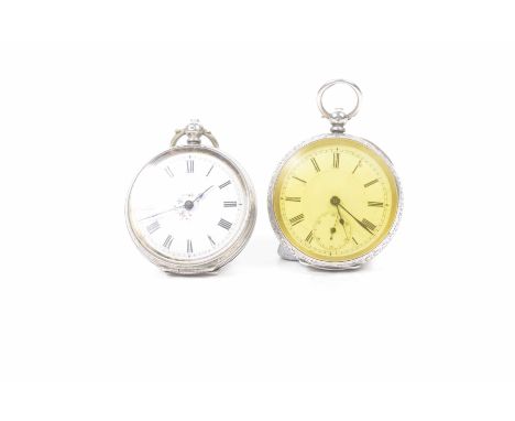 Two white metal pocket watchesBoth with white enamel dials and black Roman numerals, profusely engraved case, bearing marks 0