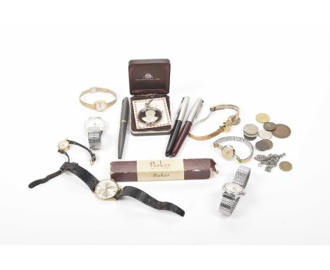 A collection of ladies and gentlemens watchesTo include; Timex, Limit and Bentima, together with, coinage and various pens to