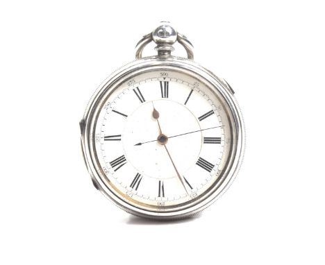 An open face key wind chronograph silver pocket watchWhite enamel dial with black Roman numerals and a second subsidiary dial