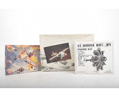 A boxed unmade Swift G-AARX aircraft kitLe Rhone Rotary engine kit and an AIrfix James Bond auto giro kit.