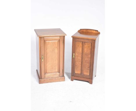 Two late Victorian walnut pot cupboardsEach with a single panelled door enclosing a single shelf, the first raised on a plint