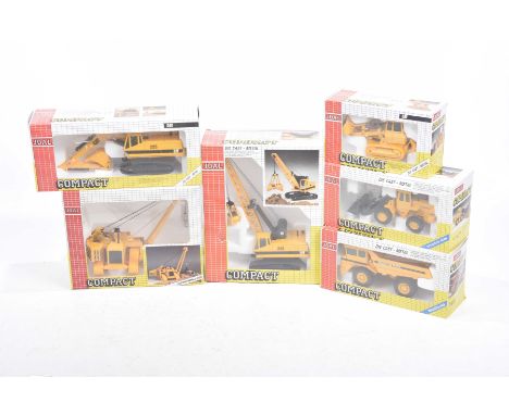 Six boxed Joal compact die cast metal construction machinesComprising Caterpillar crane 225, C-591 Caterpillar side pipe lift