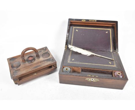 Two late 19th Century early 20th Century desk itemsTo include a rosewood lap desk / stationery box with inlaid Mother of pear