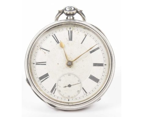 An open face key wind silver pocket watchWhite enamel dial with black Roman numerals and a second subsidiary dial, unsigned, 