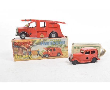Two boxed Triang Minic clockwork itemsComprising red fire engine, and a red Ford saloon.
