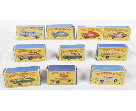 Ten boxed Matchbox regular series diecast vehiclesFerrari Berlinetta 75, Ford Corsair with boat 45, MG 11200 64, Pontiac Coup