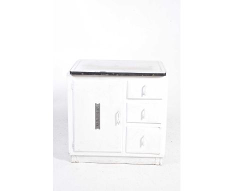 A vintage enamel top painted kitchen cabinetWith a rectangular enamelled top above a single cupboard door and three small dra