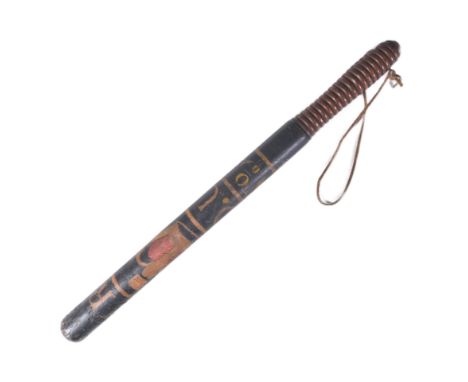 A 19th century Victorian tipstaff / truncheon with ebonised wooden shaft and a turned ribbed handle. Hand painted Queens crow