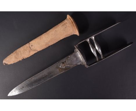An 18th Century Indian Mughal / Moghal Empire Katar dagger / push dagger. Silvered two bar hilt with a dome shaped knuckle gu