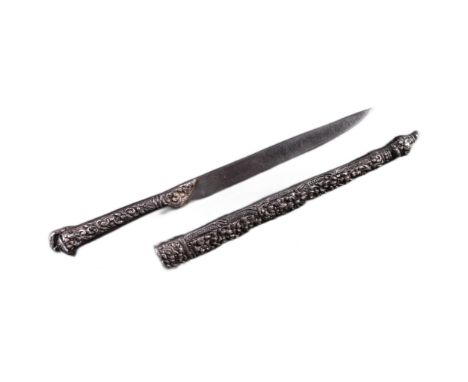 A 19th Century Ottoman Empire / Turkish Kard knife / dagger. The hilt and matching scabbard heavily decorated with scrolling 