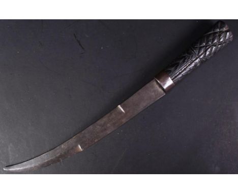 A 19th Century Naval Dirk / Fighting Knife with a carved bog wood grip and an ancient battleship scene etched to the ricasso 