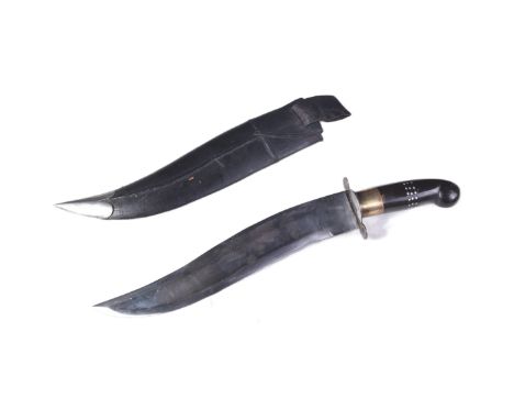 A vintage Indian variation of a Nepalese / Gurkhas Kukri knife. The knife having a hooked pommel with brass finial and smooth