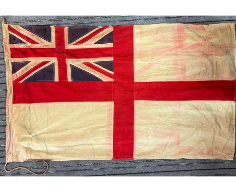 WWII Second World War British Royal Navy ensign flag. Typical form, with Union Flag to corner. Marked to the seam with ' Brit