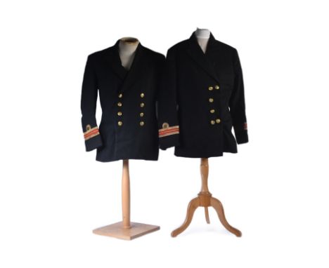 Two 20th Century vintage Royal Navy (Reserve) Lieutenant Commander Doctor / Surgeon uniform tunic. One a Melton fabric, the o