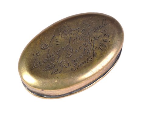 Local interest - an early 20th Century (1903) miners brass tobacco / snuff box punched to the top Edward Hignell, Bristol. Th
