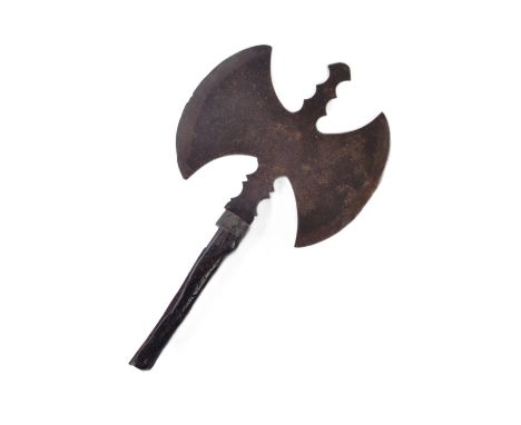 An 18th Century European battle axe / spontoon head. Double crescent axe head mounted onto a wooden pole. Relic find. Measure