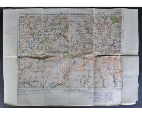 An original WWII Second World War Ordnance Survey Map. Brecon and Llandovery 1940. OS sheet 90. Scale one inch to the mile. O