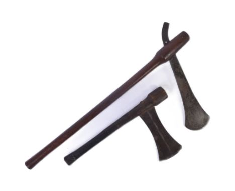 Two African ( Congo / Congolese ) ethnic tribal axes. The axe heads with blunt serrated edges tapering to crescent shaped poi