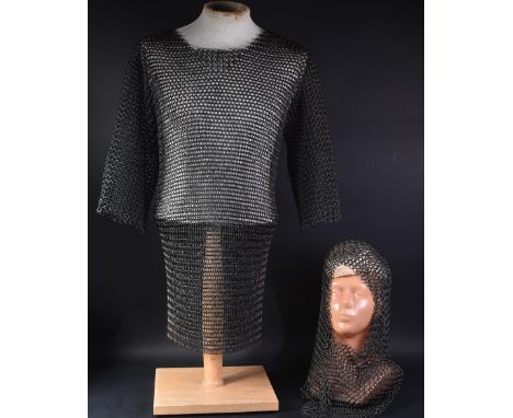 A 20th Century medieval style chain mail head piece / hood and vest. Flexible curtain of armour mail of typical form with the