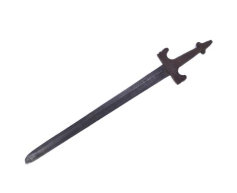 An 18th Century European backsword. Shaped wooden hilt with metal capped pommel and a pipe back blade etched with ancient sun