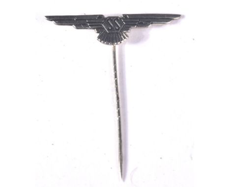 An original pre Jaguar British SS Sports Saloon Cars lapel pin badge. White metal stylized wing emblem with central black SS 