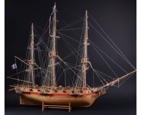 From a Private Collection - a large hand built wooden model of an 18th Century French naval Galleon / tall ship. Triple-mast,