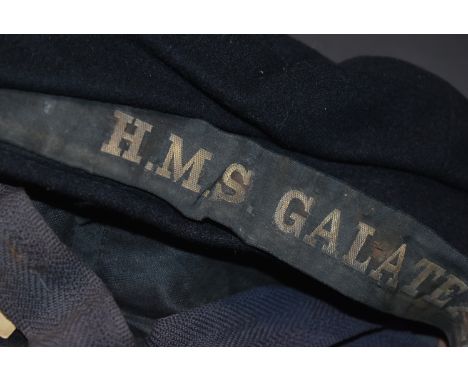 HMS Galatea - an early WWII Second World War British Navy Officers uniform cap. Blue woolen construction with HMS Galatea cap
