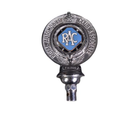 A vintage RAC Royal Automobile Club Associate members car badge / mascot. Chrome finish metal with a central blue enamel loze
